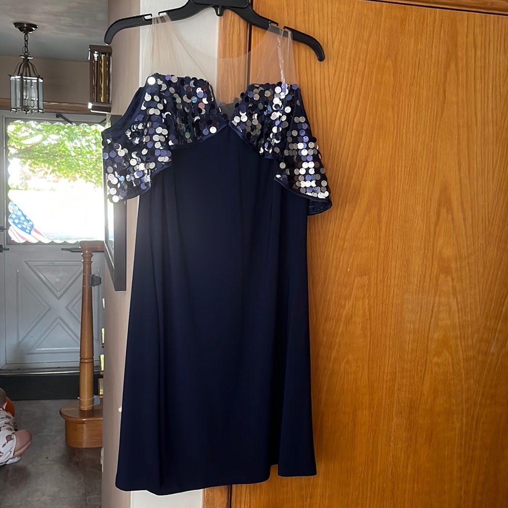 Navy, Sheer straps, off the shoulder sequins cocktail dress